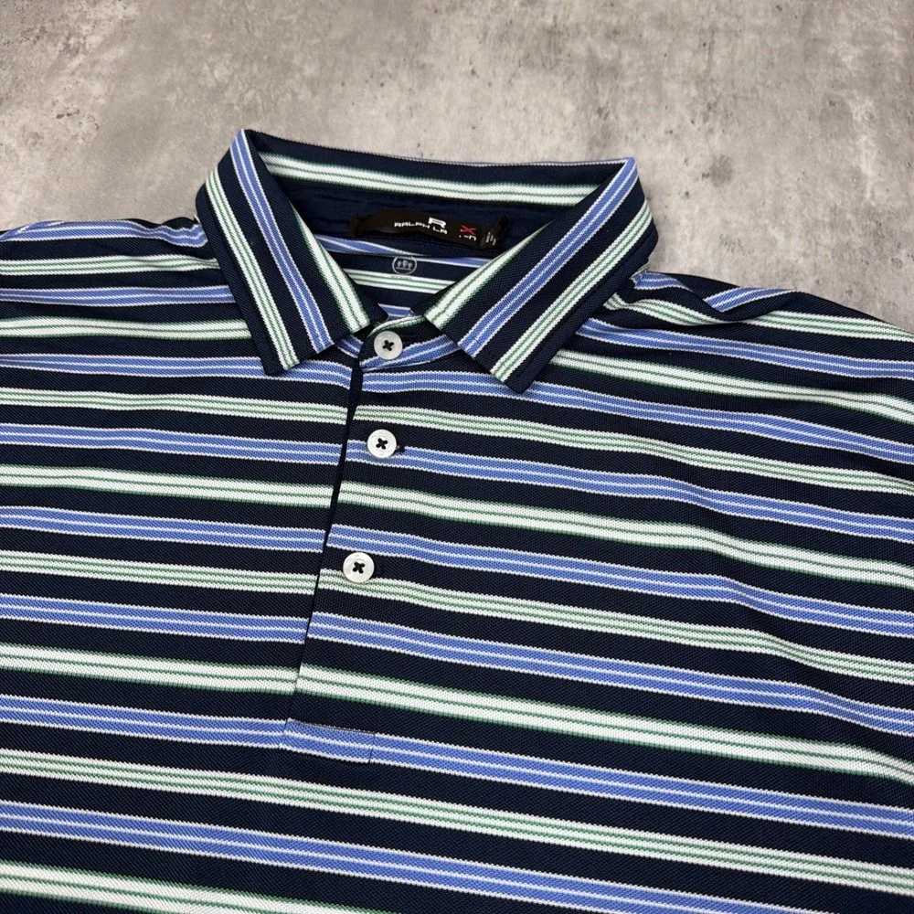 Ralph Lauren RLX Men's Golf Polo Shirt Blue Green White Striped Size M Preppy